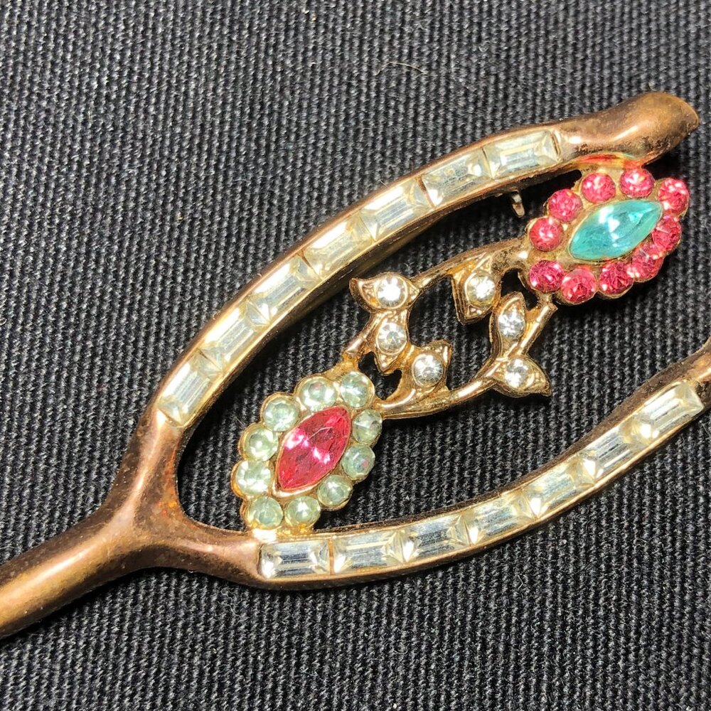 Vintage Good Luck Wishbone Brooch Pin with Rhinestones